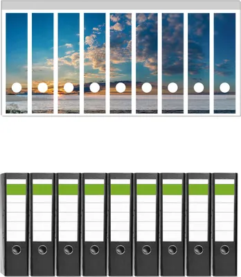 Produktbild von Wallario 9 Stück breite Ordner inkl. Klebeetiketten mit Motive Sonnenuntergang über einem Fluss -  Set mit Rückenschildern / Ordnerrücken Stickern