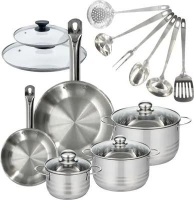 Image de Batterie de cuisine 2 poêles 20/28 cm et couvercles, 3 faitouts 16/20/24 cm et 6 ustensiles Fackelmann Eterna
