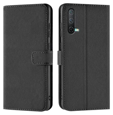A black book-style phone case for a OnePlus Nord CE 5G is shown from the front and back.