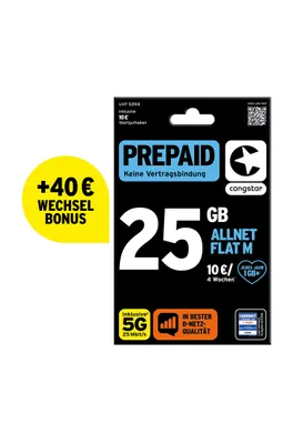 Produktbild von congstar Prepaid Allnet M: 25 GB Datenvolumen & Flatrate für Telefonie und SMS, 5G-Speed, EU-Roaming, 40€ Wechselbonus