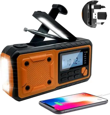 Productafbeelding van Draagbare noodradio - 4000mAh - Noodradio - Zonne-energie opwindbaar - USB-C - Oplaadbaar en op batterijen - Oplaadbare LED-zaklamp - Noodpakket - SOS-alarm - Zonnepaneel powerbank - Opwindbare survivalradio - Bouwradio - Oranje