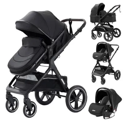 Image de YAZOCO - Poussette combinée 3 en 1 - Avec nacelle-siège auto - Jusqu'à 15Kg - Noir