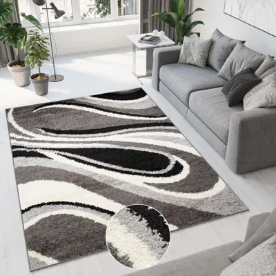 Obrázok produktu pre Koberec Tapiso, vhodný do obývačky alebo spálne, s dlhým vlasom, v štýle "shaggy", farby: čierna, sivá, rozmer: 60 x 100 cm