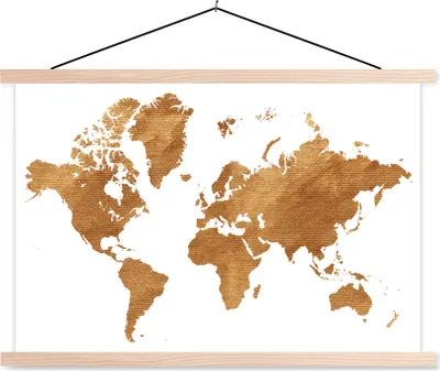 Produktbild von MuchoWow® Textilposter Weltkarte - Vintage - Gold 120x80 cm mit holzfarbenen Rahmen - Aufhängeset