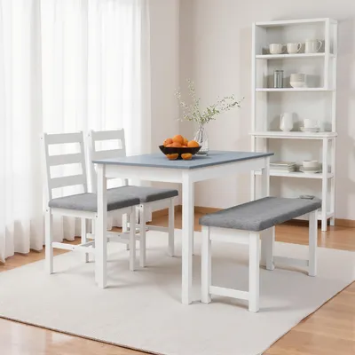 Produktbild von Essgruppe 4-teilig Massivholz Kiefer, Esstisch-Set mit Bank 2 Stühlen, Leinen-Polster Grau-Weiß | 108x65x75 cm | 14 kg | 4 Personen