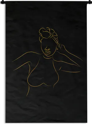 Produktbild von MuchoWow® Wandteppich Wandbehang Frau - Schwarz - Gold - Strichzeichnung 90x135 cm Tapisserie Dekoration Wandtuch - Baumwolle - Wandskulptur