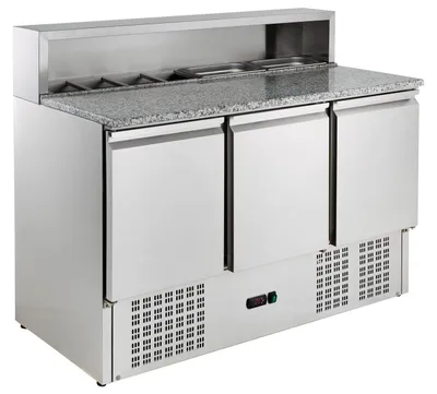Produktbild von GastroHero Pizzatisch ECO 1365 mit Granit-Arbeitsplatte Kühltisch 3 Türen Pizza Vorbereitungstisch für 8x GN 1/6 Behälter 402L Edelstahl +2 bis +8 °C