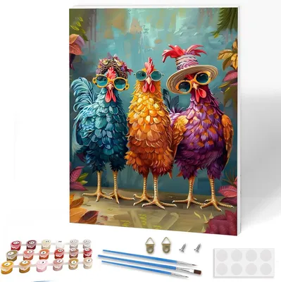Productafbeelding van Kipverf op nummer voor volwassenen op ingelijst canvas, schilderen op nummer canvas kits met acrylverfborstels