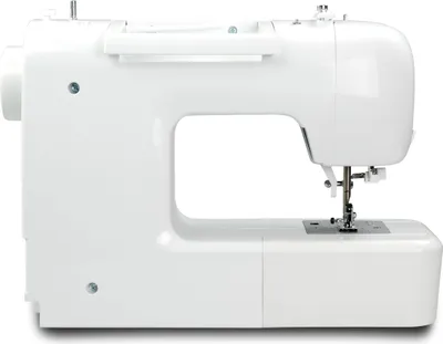 A side view of a white sewing machine against a white background.