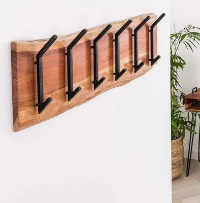 Wandgarderobe KANT 6 Doppelhaken Akazie massiv Baumkante und Stahl