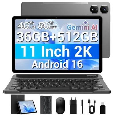 Immagine prodotto di Tablet Android da 11 pollici, Android 16, risoluzione 2K FHD, 36 GB di RAM, 1 TB di ROM, slot per scheda TF, 4G LTE, dual SIM, 5G, Wi-Fi 2GHz, processore Octa-Core, batteria da 9580 mAh, fotocamera da 13 MP, GPS,  GMS, colore grigio scuro, 11 512GB