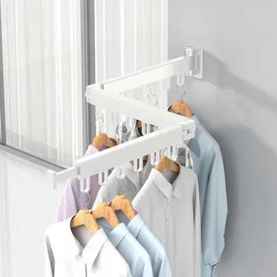 Obrázek produktu pro Nástěnný věšák na oblečení s háčky, prostorově úsporný věšák na balkon, do koupelny nebo ložnice (bílý, 3 skládací police)