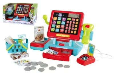 A toy cash register set with accessories, displayed on a white background.