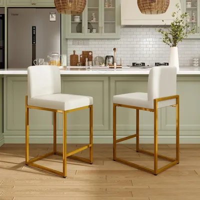 Immagine prodotto di Set di 2 sgabelli da bar con schienale e poggiapiedi, rivestiti in ecopelle, colore bianco, struttura in metallo, altezza seduta 62,5 cm