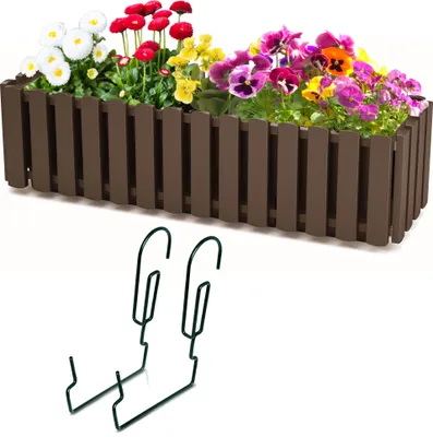 Produktbild von Balkonkasten mit Haken Blumentopf Pflanzkasten Zaun Braun B 58cm 10 L Balkontopf Garten Zaunimitation Geländer Optik Kunststoff