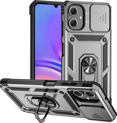 Immagine prodotto di Custodia per Samsung Galaxy A06 a doppio strato con copertura scorrevole della fotocamera e supporto ad anello Argento