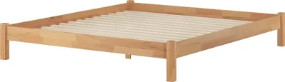 A wooden bed frame with a slatted base, shown from a slightly elevated angle against a white background.