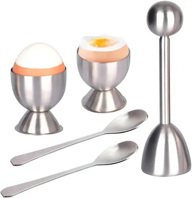 Produktbild von Eierköpfer Eierschalenschneider Set 5-tlg. mit 2 Eierbechern & 2 Löffeln,Eierköpfer aus Edelstahl,zum einfachen Öffnen von weich, hartgekochten Eiern