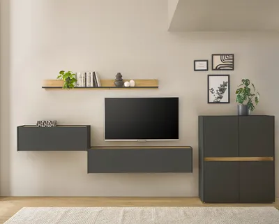 Produktbild von Wohnwand anthrazit mit Eiche CRISP-61 modern 4-teilig mit Homeoffice-Lösung