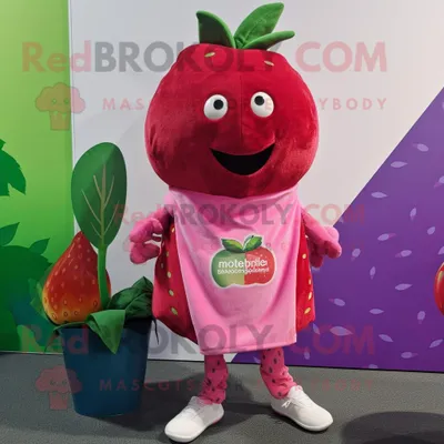Produktbild von Magenta-Erdbeer REDBROKOLY Maskottchen kostüm gekleidet in ein Henley-Hemd und Schals