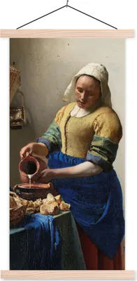 Produktbild von MuchoWow® Textilposter Das Milchmädchen - Gemälde von Johannes Vermeer 40x80 cm mit holzfarbenen Rahmen - Wohnzimmer