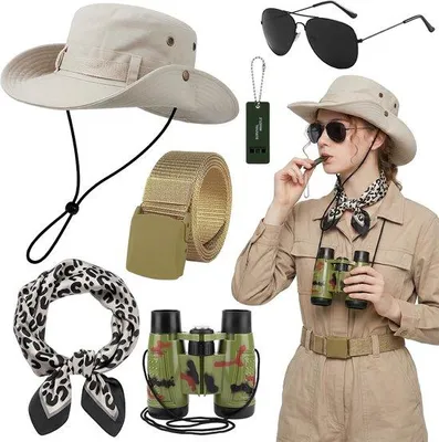 Produktbild von Safari Kostüm Set für Frauen - 6 Stück - inklusive Hut, Schal und Fernglas - ideal für Mottopartys - ShopFlot