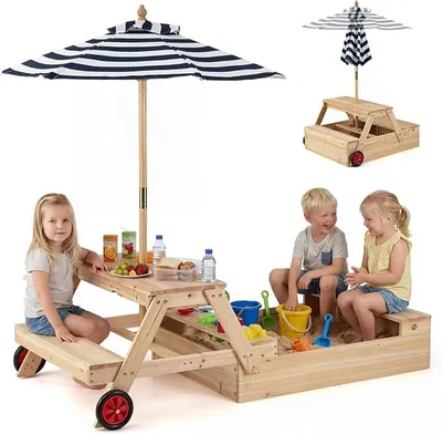 Imagen del producto de Mesa de picnic infantil con arenero y sombrilla, conjunto de asientos infantiles con tablero de mesa desmontable y 2 cajas de juegos, muebles de jardín para niños, arenero para jardín, playa y balcón, diseño natural