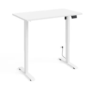 A white electric height-adjustable desk is shown against a white background.