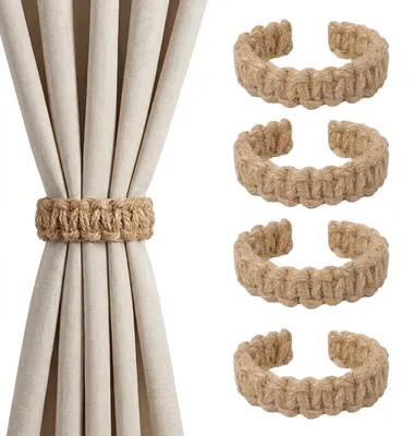 Produktbild von 4 Gardinenhalter im Boho-Stil, geflochten, ohne Bohren, für Zuhause, Außenbereich, Schlafzimmer, Büro, dekorativ, Naturfarbe