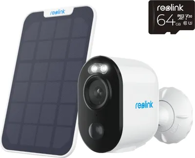 A Reolink Argus Series B310 security camera with a solar panel and a 64GB microSD card.