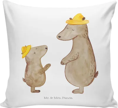 Produktbild von Mr. & Mrs. Panda Sofakissen Bären mit Hut - Weiß - Geschenk, Kinder, Vatertag, Familie, Sofa Kissen, Muttertag, 40x40, kuschelkissen, Dekokissen, für