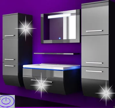 Produktbild von 70 cm Badmöbel Set Schwarz Hochglanz Badezimmermöbel 6Teilige Hochglanz-Lackiert LED Komplett Bad Fertig Montiert