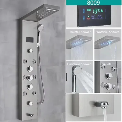 Immagine prodotto di Pannello doccia - Colonna doccia - Doccia a pioggia e cascata con LED - Getto massaggio per il corpo - Display digitale della temperatura - Acciaio inossidabile 304 - Modello 8009, finitura nichel spazzolato