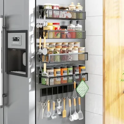 Produktbild von PromoHome® Magnetisches Kräuterregal für Kühlschrank – 5 magnetische Ablagen mit 8 Haken – schwarz