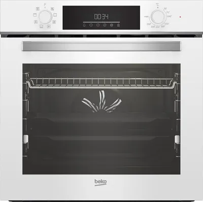 A front view of a white Beko built-in oven.