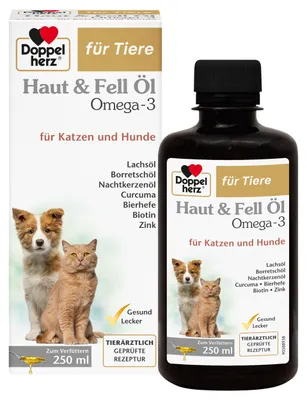 Immagine prodotto di Double Heart Skin & Fur Oil Omega 3 per cani e gatti per sostenere la funzione della pelle in caso di dermatosi e perdita eccessiva di pelo, soluzione da 250 ml
