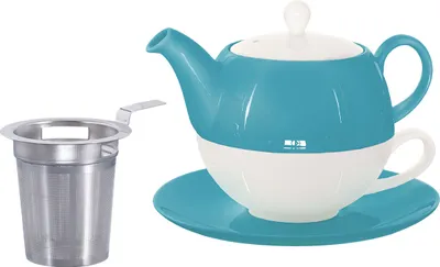 Produktbild von Buchensee Tea for one Set / Teeset Lena, Teekanne 500ml mit Sieb, Teetasse und Untertasse, türkis, Crystal Bone China Porzellan
