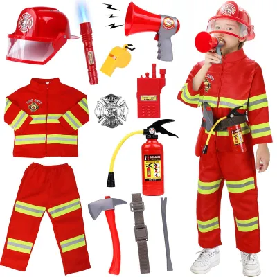 Brandweerkostum für Kinder, Gr. M (120 cm), mit Zubehör