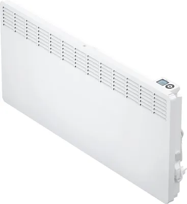 A white electric radiator shown from a diagonal angle against a white background.