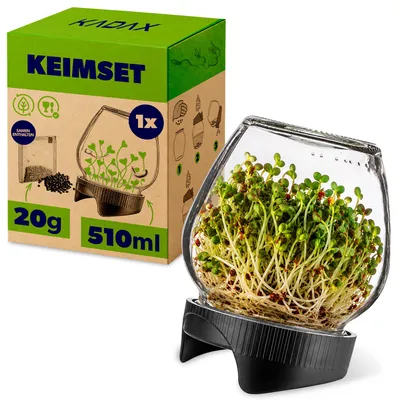 Obrázek produktu pro KADAX sklenice na klíčky 510 ml, 1 ks, sklenice na klíčky s víkem se sítkem, průměr 82 mm, sada na pěstování klíčků, sklenice na pěstování mungo fazolí, brokolice a vojtěšky, včetně semen ředkviček