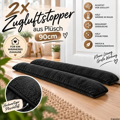 Produktbild von 2x Zugluftstopper Tür 90 cm Schwarz – Weicher Plüsch Windstopper, Türbodendichtung gegen Zugluft, wärmeisolierend, geräuschreduzierend & energiesparen