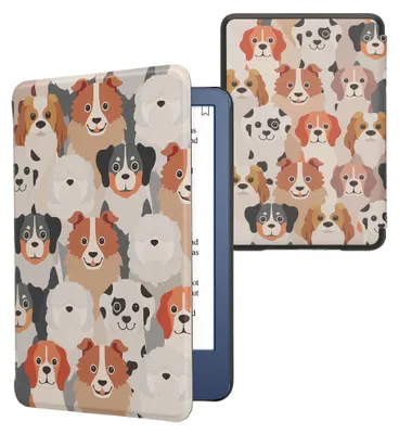 Produktbild von kwmobile Schutzhülle für Amazon Kindle (2022/2024) Hülle - eReader Flip Case mit Auto Sleep Funktion - Viele Hunde mit Weiß Hellbraun Grau