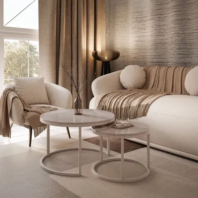 Produktbild von lukmebel Couchtische Rund Modern 2er Set CIRI Serie, Kaschmir Hochglanz aus Stahl & MDF, Großer Tisch 70x48x70 cm, Kleiner Tisch 50x42x50 cm, 20mm Plattendicke mit ABS-Rand