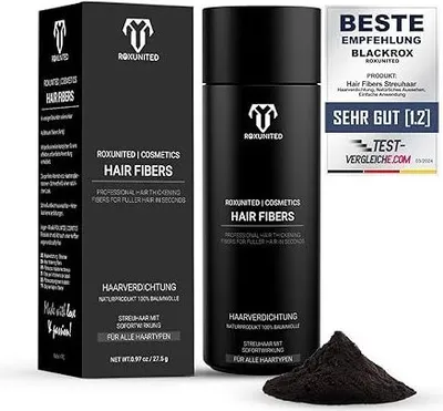 Produktbild von ROXUNITED Streuhaar & Haarpuder, Vergleichssieger 2024, Für Männer & Frauen, Perfekt zur Haarverdichtung & als Haarauffüller,  Dunkel Braun, 27,5 g