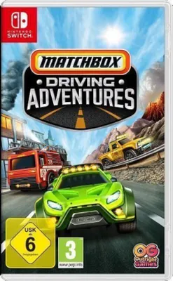 The image shows the cover art for the Nintendo Switch game 'Matchbox Driving Adventures'. It features several toy cars, including a green off-road vehicle, a red fire truck, and a yellow pickup truck, driving on a road with a mountainous background.