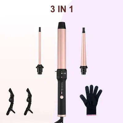 Productafbeelding van Krullenset - 3-in-1 golvende stijltang voor beachy golven - 3 verwisselbare opzetstukken - Digitale temperatuurregeling 120–210 °C - Geschikt voor zowel nat als droog haar - Roségoud