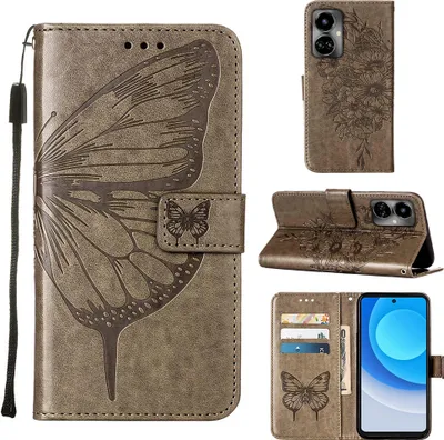 Produktbild von Tecno Camon 19 Hülle, Schmetterling Prägung Flip Leder Kartenfächer Schutzhülle Ledertasche mit Ständer für Tecno Camon 19 Grau