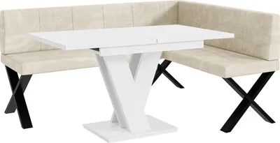 Produktbild von MEBLINI Eckbank für Esszimmer mit ausziehbarem Tisch  - Küchenbank - Essecke - Sitzecke Küche - PETER - X-Beine 128x168x87cm Rechts - Creme Samt/M Weiß Matt