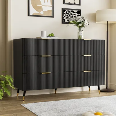 Produktbild von MODFU Kommode Sideboard mit 6 Schubladen, Schrank Buffet mit modernem Design für Wohnzimmer, Schlafzimmer, Kinderzimmer, Jugendzimmer und Büro, Schwarz
