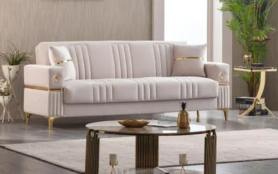 Zdjęcie produktu dla Luksusowa, trójosobowa sofa tapicerowana, kanapa, sofa z tkaniny, kolor beżowy